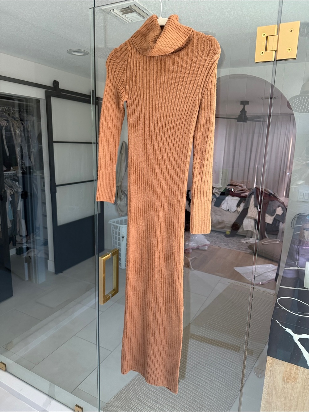 TOPSHOP Ribbed Turtleneck Maxi Dress in Camel